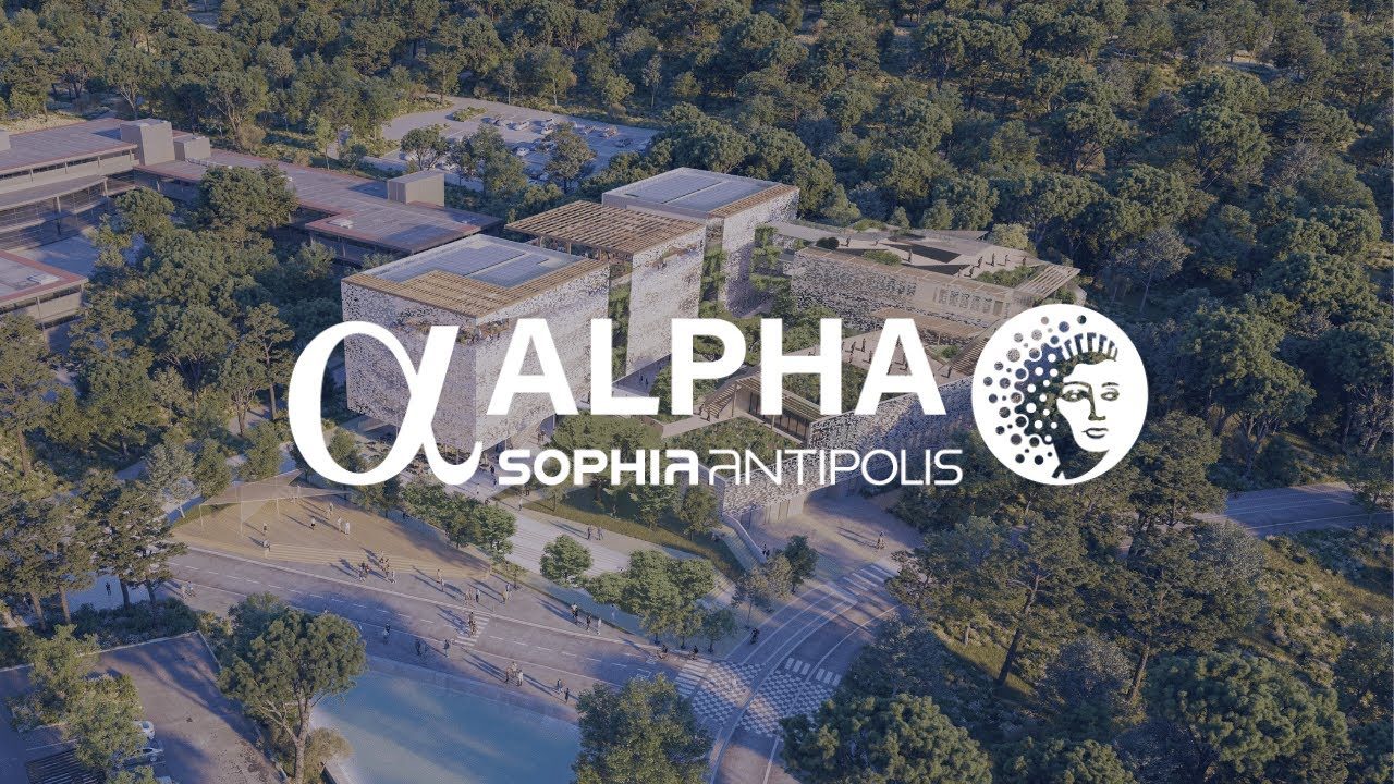 Aerial view of the Alpha Sophia Antipolis campus among pine forest